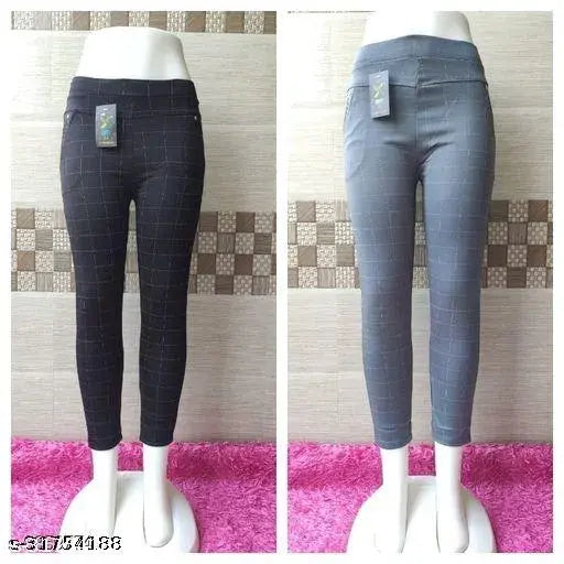 Designer printed net lycra women's jeggings (N), sizes 28, 30, and 32. Indian fashion jeggings on mannequin