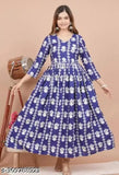 Comfortable floral print rayon blue viscose long-sleeve flared anarkali kurti for women