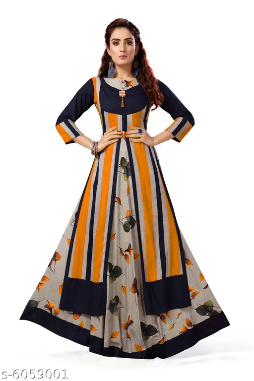 Madhuram Textiles Designer Womens Rayon Anarkali Long Kurta Round Neck 34th Sleeve Fully Stitched Plain Printed long Kurti for women latest design Floor Length Anarkali