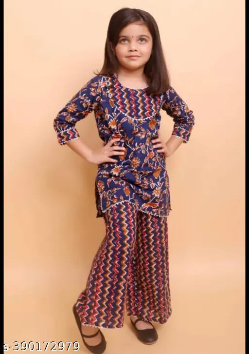 kids rayon kurti palazzo set, printed three-quarter sleeves in Indian ethnic style for girls aged 5-12
