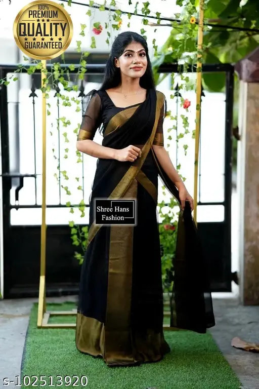 Black Chiffon Viscose Saree by Shree Hans Fashion - Solid pattern, single piece, free size