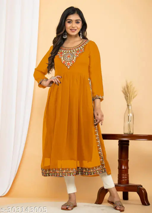 Georgette Naira cut embroidered kurti, solid combo, three-quarter sleeves - Indian women's fashion