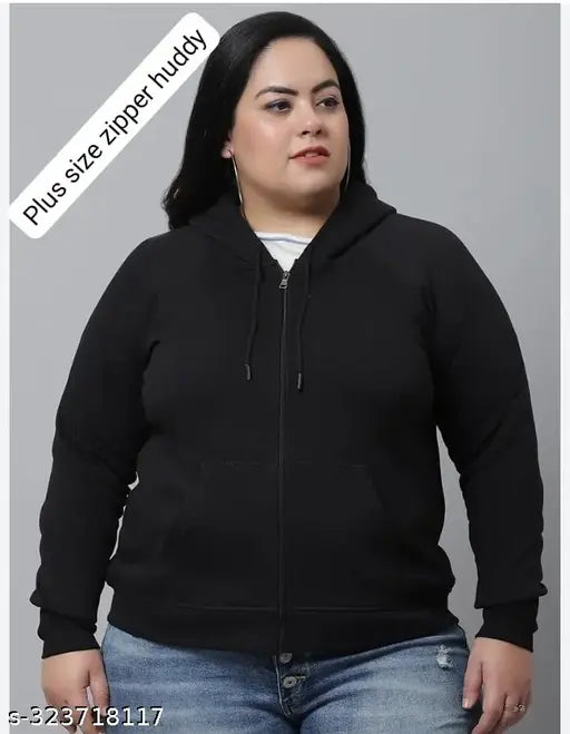 XXL fleece huddy, stylish plus size warm zipper hoodie for women, solid pattern