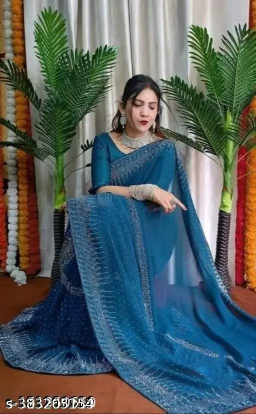 Blue Geo-printed silk saree with silver border