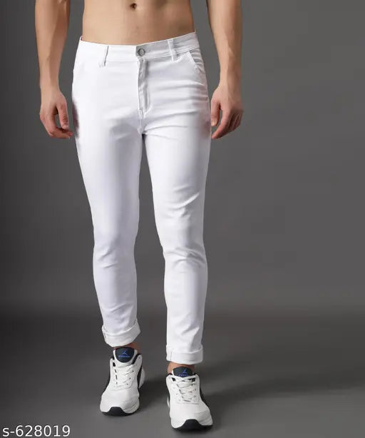 Stylish solid denim men's jeans, cotton blend, size 28-36, India origin