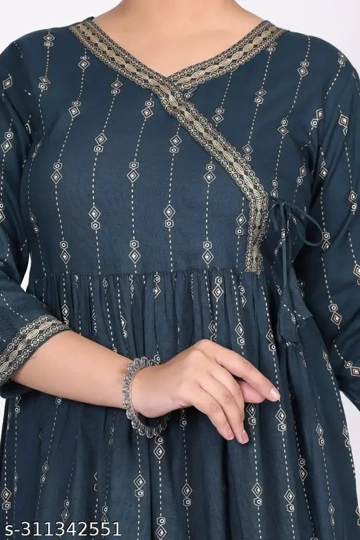 Viscose rayon printed combo gown, three-quarter sleeves, AVERY Beautiful Indian ANARK