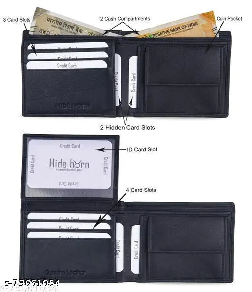 Hide Horn black leather bi-fold men's wallet, RFID protected, 4 card slots, 2 hidden pockets, ID window, cash compartments, coin pocket, solid pattern, free size (9cm x 11cm), branded accessory from India