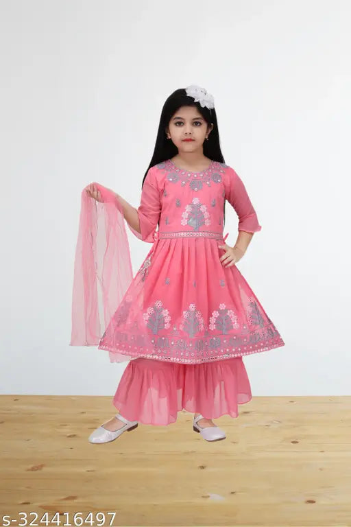 Pink Georgette Tomato Lahera set for girls, embroidered net pattern, three-quarter sleeves