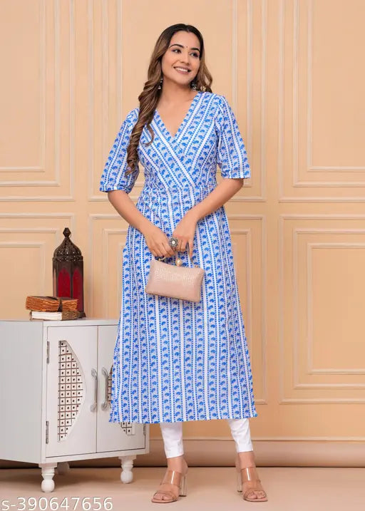 Striped cotton three-quarter sleeve women's kurti, sizes M to XXL originating from India
