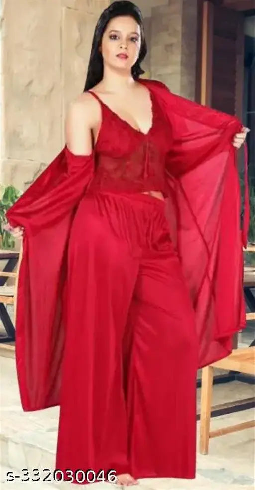 Satin nightsuit set for women, sleeveless spaghetti top and pyjama bottoms in solid color, free size from India