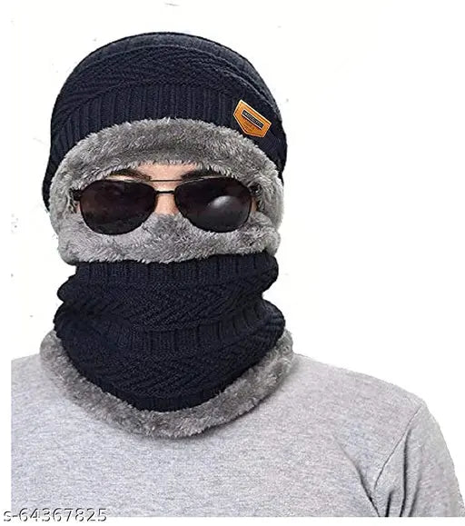 Woolen gray men's cap, neck muffler set of 2