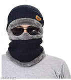 Woolen gray men's cap, neck muffler set of 2