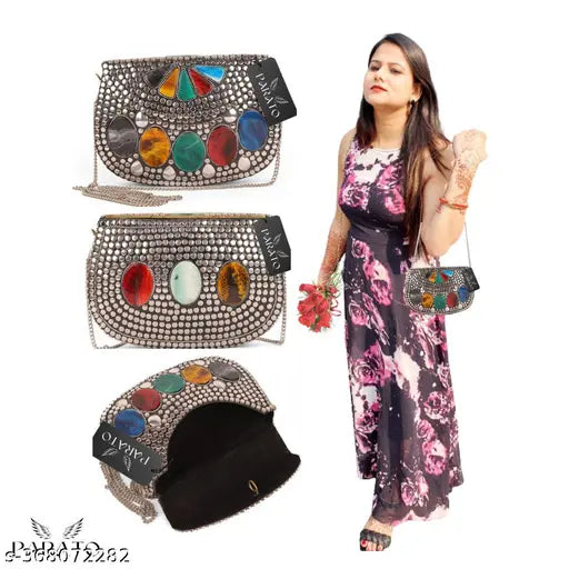 PARATO silver metallic clutch sling party bag, embellished with round and rectangular colorful beads, perfect for festivals
