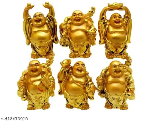 Golden polyresin Laughing Buddha statue set of 6 for home & workspace decor, promoting health & happiness. Product dimensions: height 6cm, length 4cm, breadth 5cm (1 piece). May vary slightly due to lighting sources or monitor settings