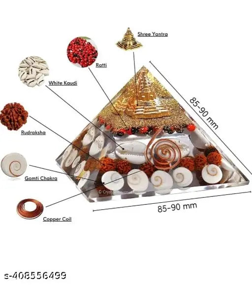 Crystal Shree Yantra Gomti Chakra Pyramid with Rudraksha, Chirmi & Kaudi Shells - Vastu Item for spiritual growth, meditation, Feng Shui, and energy healing, handmade in India (90mm)