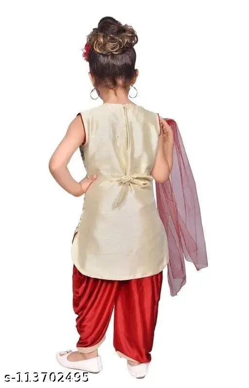 Marron and gold cotton blend Patiala suit for baby girl and kid girl - stylish sleeveless VNeck design with A-line dhoti pants, embellished with digital print and net with lace border, perfect for parties and festivals