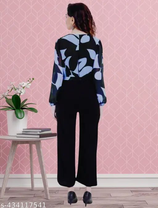 Georgette fabric crystal jumpsuit for women - printed net, long sleeves, comfortable fit, India origin