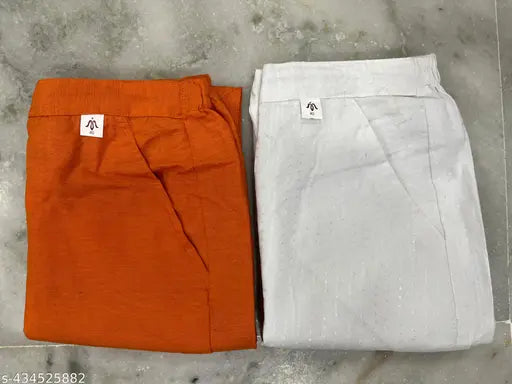 Solid cotton women's pants (WO), two-piece set with side pockets, made in India