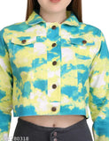Printed cotton women's denim jacket, long sleeves, India origin, size M (38in bust, 18in length)
