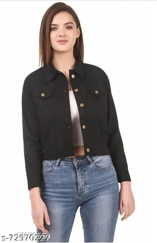 Trendy black denim jacket, cotton blend, solid pattern for women. Three-quarter sleeves, regular fit, available in sizes S-XL