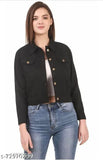 Trendy black denim jacket, cotton blend, solid pattern for women. Three-quarter sleeves, regular fit, available in sizes S-XL