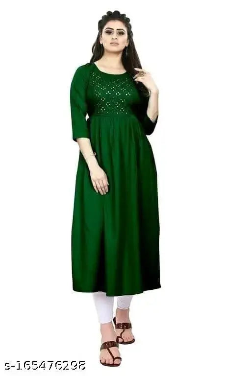 Embroidered Rayon Anarkali Kurti, three-quarter sleeves, embellished women's fashion, Indian handcrafted clothing