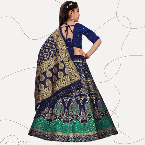 Bamboo kids Aztec lengha with long sleeves, semi-stitched jacquard dupatta, 7-12 years sizes available