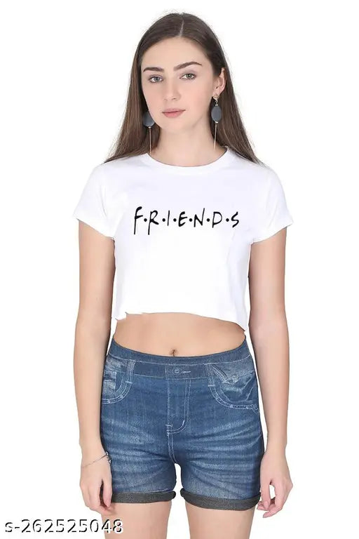 White cotton crop top with round neck, denim shorts, casual style.