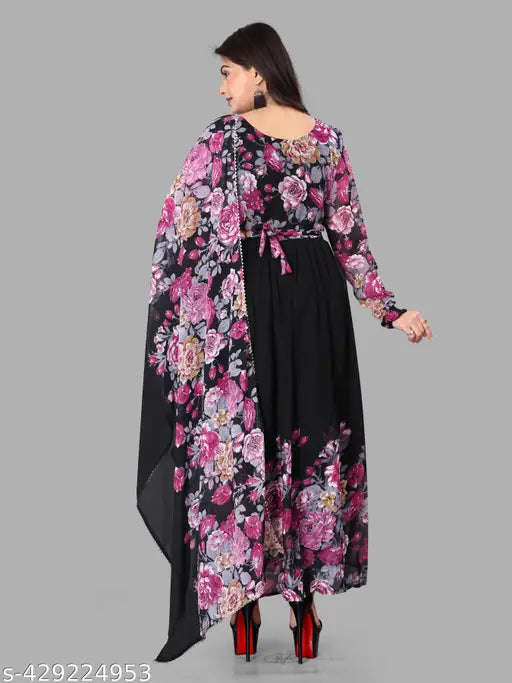 Georgette A-line printed kurta set with duppatta, stylish and elegant for women