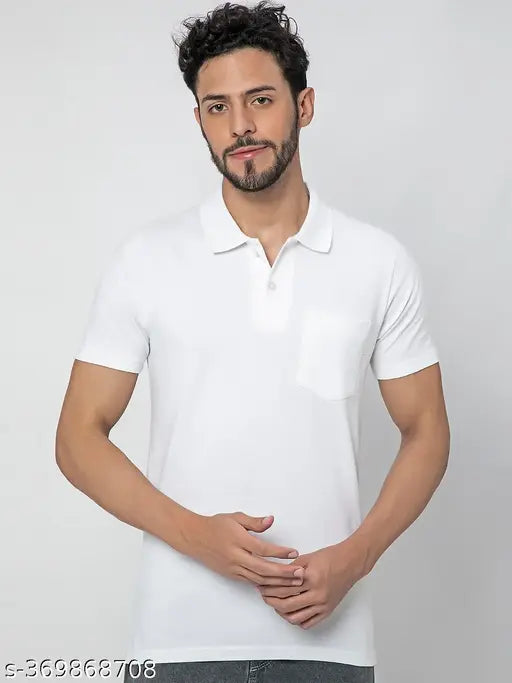 White 100% pure cotton ultra-soft polo shirt with pocket, regular fit for men, made in India