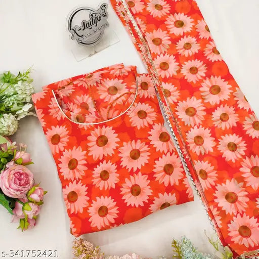 Red cotton 128SAMRUDHHIwithdupatta floral dress with a pink dupatta