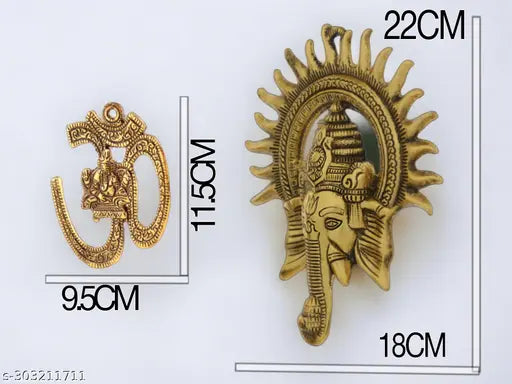 Golden embossed Aluminum Ganesha Surya Chakra Wall Hanging, traditional Indian Vastu remedy decor" (92 characters)