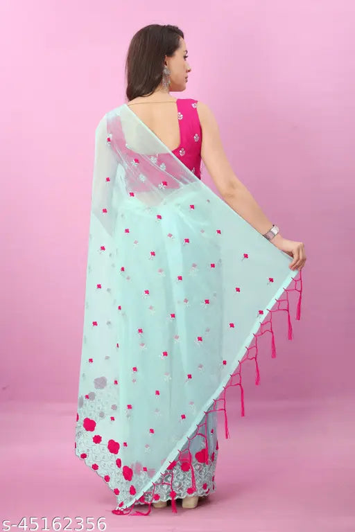 Heavy pure super net organza saree with cutwork broder, Indian-made, embroidered blouse front and back