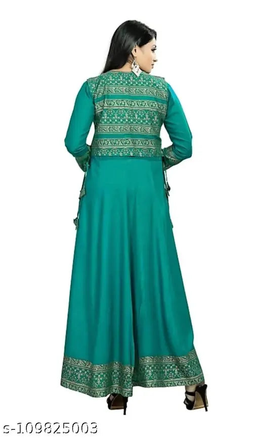 Green rayon anarkali kurti with designer printed jacket, three-quarter sleeves, 4XL (bust size 48 in), India-made fashion for women's special occasions