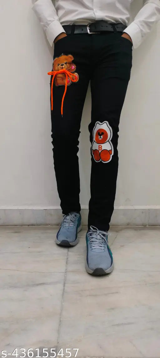 Black men's jeans with two teddy designs on the thighs