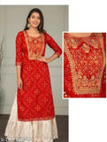 Jaipuri red embroidered kurti with satara gold print, satin fabric