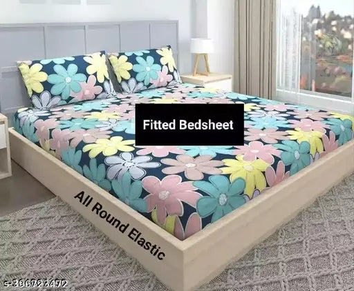 Premium cotton king size fitted bedsheets, floral pattern, double bed with elastic edges, supersoft 200TC, fits up to 4-10" mattresses