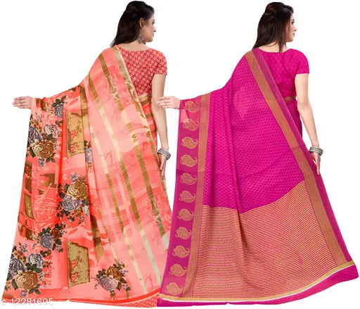 Pink and gold Anand Georgette sarees, pack of 2, daily wear, floral print