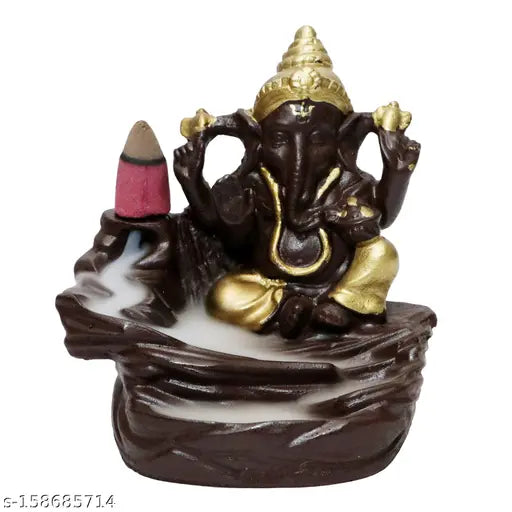 Handicrafted polyresin showpiece of Lord Ganesha with 10 cones, incense holder, golden decorative piece