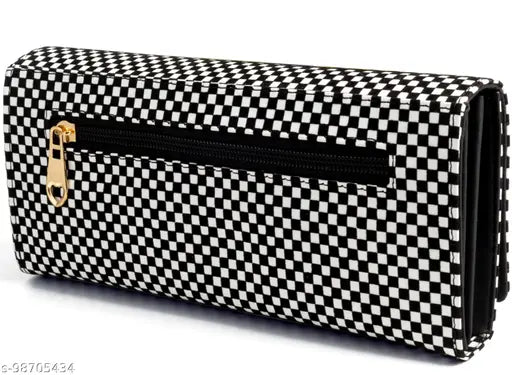 Black and white checked velvet women's clutch wallet with multiple card slots, featuring zip closure
