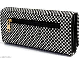 Black and white checked velvet women's clutch wallet with multiple card slots, featuring zip closure