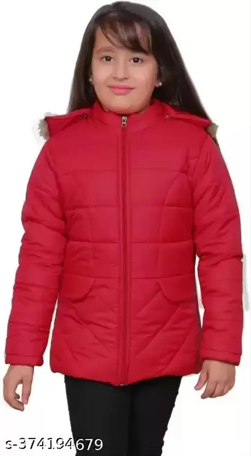 Red padded winter coat with hood