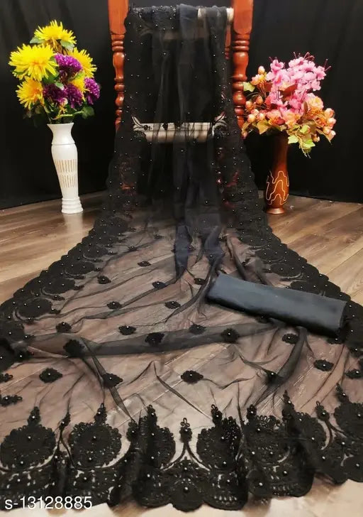 Indian free size net saree with embroidered solid satin running blouse, Adrika Petite