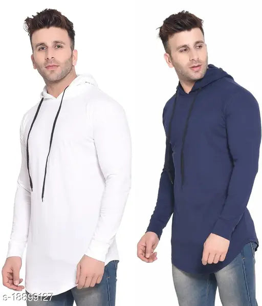 White cotton-blend long sleeve hoodies pack 2 for men, Geum brand solid design on display rack, includes sizes S to XL from India