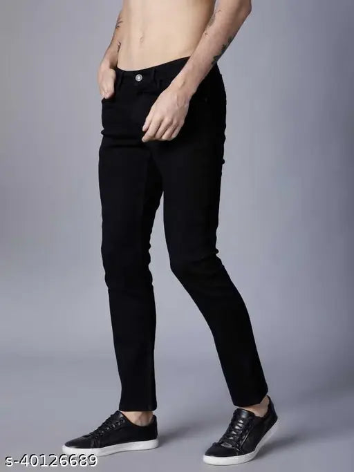 Solid 100% denim stretch jeans for men, modern fit with a 28 or 30 waist and 44-inch length, Indian origin