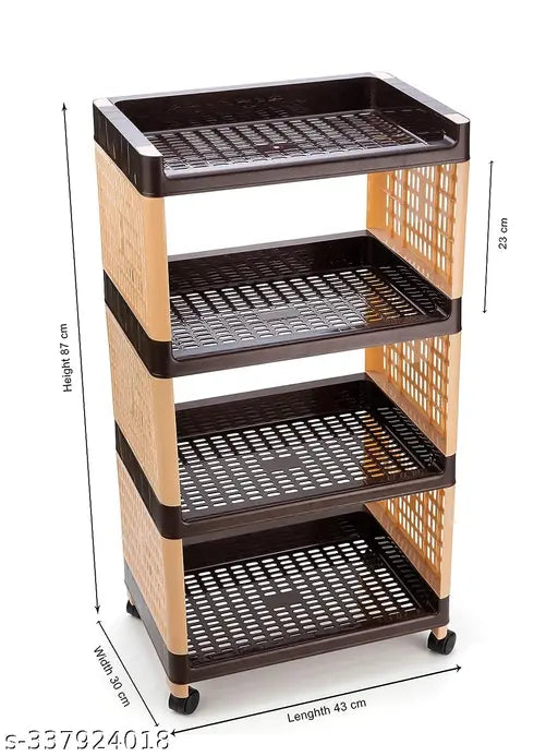 This is a wooden four-layer storage organizer in brown and cream, featuring wheels for mobility. It can be used for both kitchen and office organization