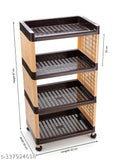 This is a wooden four-layer storage organizer in brown and cream, featuring wheels for mobility. It can be used for both kitchen and office organization
