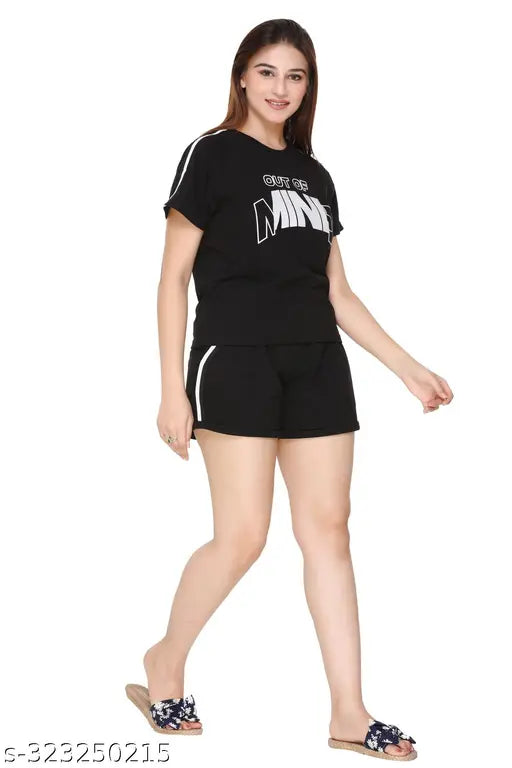 Women's poly cotton round neck top & shorts nightsuit set, printed pattern, short sleeves, coord set for nightwear
