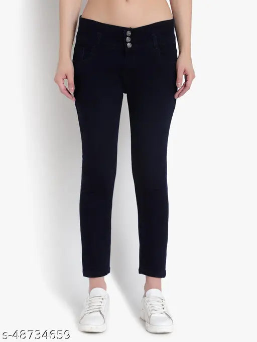 Black stretchable slim fit jeans with 3 buttons, women's solid plain lycra fabric