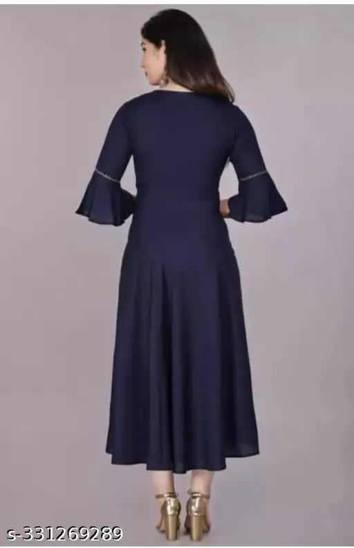 Navy Blue Rayon Flared Kurtis for Women, trendy ethnic solid style with three-quarter sleeves